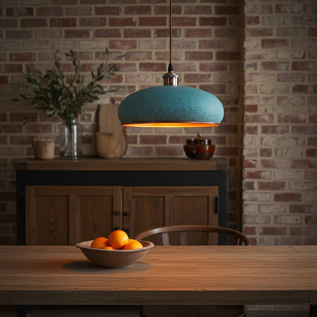 Essbereich mit Holztisch, Schale mit Orangen, türkisfarbener Kupfer Pendelleuchte und rustikaler Ziegelwand. Holzkommode mit Pflanze im Hintergrund.