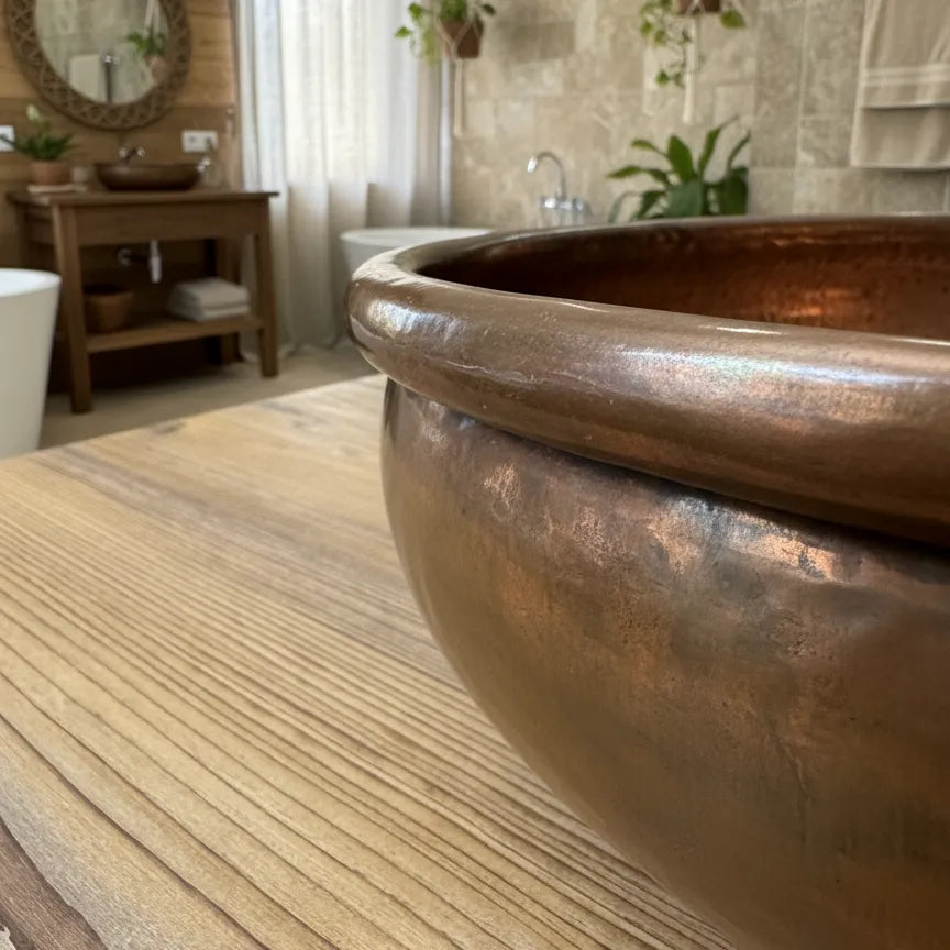 Seitlich fotografiertes, handgefertigtes Kupferwaschbecken auf Holzplatte in einem natürlichen Badezimmer mit Steinwand, Pflanzen und sanftem Tageslicht